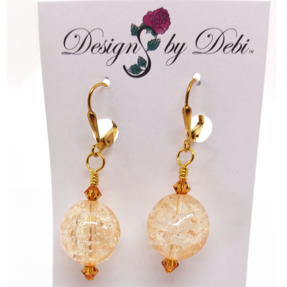 3/$25 Peach Crackle Glass & Topaz Crystal Earrings